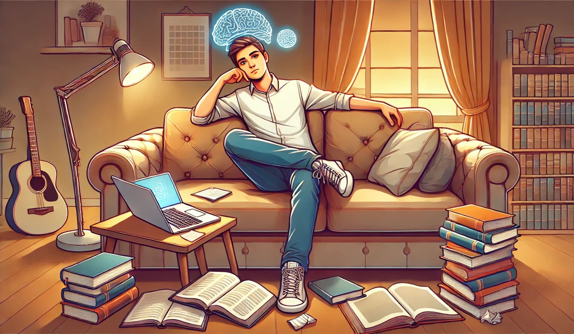 Ilustrasi yang menggambarkan seseorang yang cerdas tetapi malas bekerja, dengan suasana yang mencerminkan potensi dan prokrastinasi. (Tenaers/Dok. Istimewa)