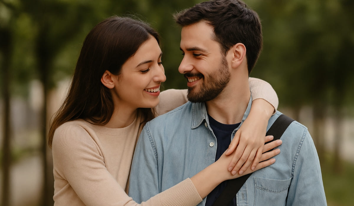 Sepasang kekasih saling menatap dan tersenyum hangat saat berjalan bersama di taman, menggambarkan kedekatan dan kebahagiaan dalam hubungan yang penuh dukungan dan pengertian.