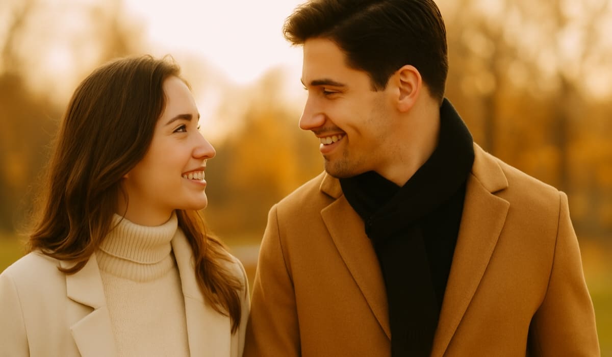 Sepasang kekasih tersenyum bahagia dan saling menatap penuh cinta saat berjalan di taman saat matahari terbenam, menciptakan suasana romantis yang hangat dan penuh kedekatan.