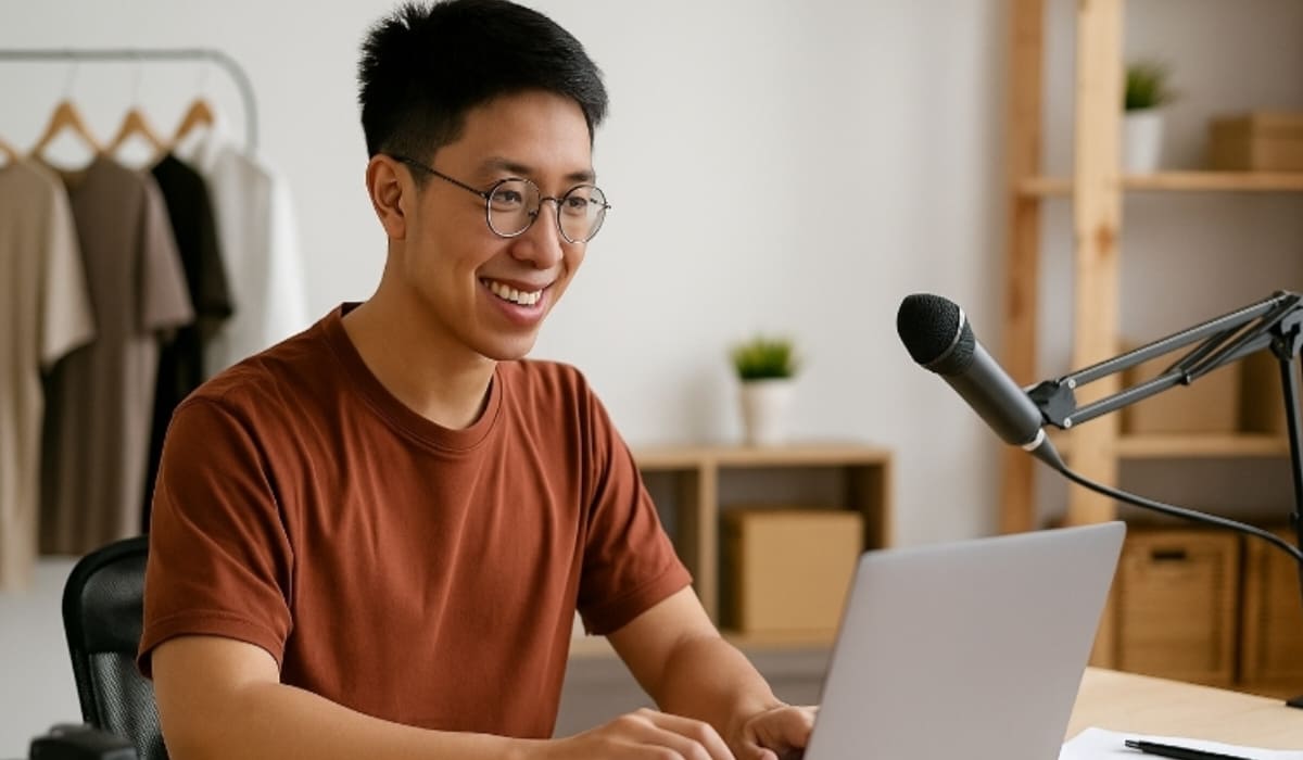 Seorang mahasiswa sedang menjalankan bisnis online dari kamar kosnya. Dengan hanya bermodal laptop, koneksi internet, dan perlengkapan sederhana seperti kamera dan mikrofon, ia memanfaatkan waktu luangnya untuk bekerja sebagai content creator dan freelancer digital.