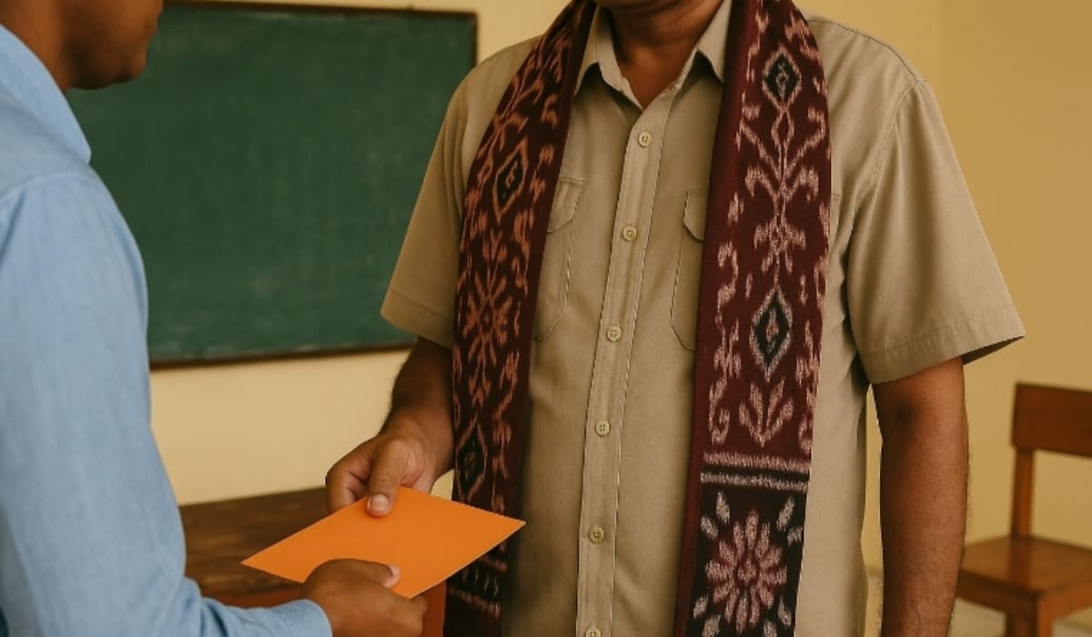 Seorang pria mengenakan seragam dinas dan selendang kain adat Sumba tampak menerima amplop oranye dari pria lain yang mengenakan kemeja biru.