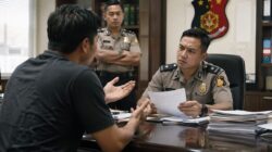 Ilustrasi seorang warga yang tengah menyampaikan laporan kepada petugas kepolisian di ruang penyidikan, mencerminkan upaya pelapor mencari kejelasan atas penanganan kasusnya. (Tenaers/Dok. Istimewa)