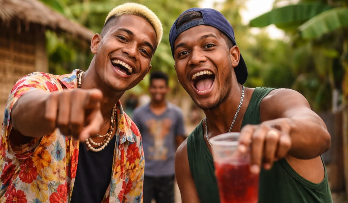 Ilustrasi dua pemuda tampak ceria sambil menunjuk ke arah kamera di sebuah perkampungan tropis, menggambarkan suasana santai dan penuh canda yang sejalan dengan nuansa lagu “Veronika Om Storm” yang viral di media sosial.